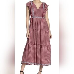 NWT Max Studio Geometric Tiered Midi Dress Sz X Large In Red White Blue $138